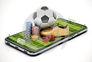 Casino chips, soccer ball and dice standing on smartphone with football pitch. 3D illustration