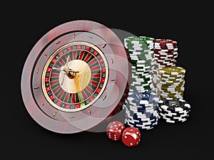 Casino chips stacks with roulette and dice. 3d Illustration on black background