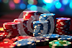 Casino chips on a table with colorful bokeh background