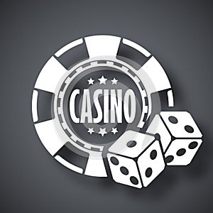 Casino chips with two dices, vector icon