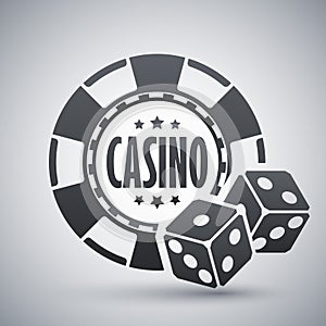 Casino chips with two dices, vector icon
