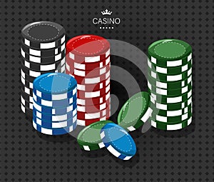 Casino chips of various colors. Red, black, green and blue. Dark pattern on background. Vectors