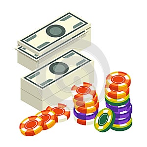 Casino club, money stack and poker chips, blackjack