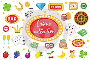 Casino Collection. Gambling set isolated on a white background. Poker, card games, one-armed bandit, roulette kit