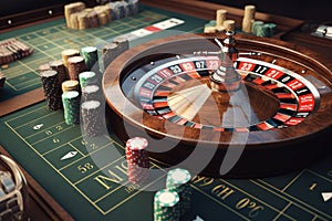 Casino concept with abstract gambling objects. Dark casino room with roulette, cards and dices. Generative AI. photo