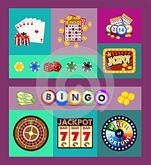 Casino concept banners, cards vector illustration. Includes roulette, casino chips, playing cards, winning jackpot. Sack