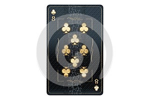 Casino concept, clubs 7 playing cards, black and gold design on white background. Gambling, luxury style, poker, blackjack,