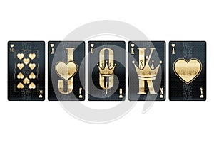 Casino concept, combination of playing cards Hearts flash royale, black gold design isolated on white background. Gambling, luxury