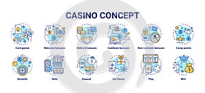 Casino concept icons set. Online games of chance and bonuses idea thin line illustrations. Slot machines, card games