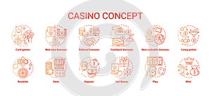 Casino concept icons set. Online games of chance and bonuses idea thin line illustrations. Slot machines, card games