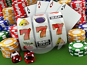 Casino concept. Jackpot. Poker cards, chips and dice.