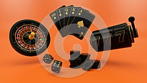 Casino Concept, Roulette Wheel, Slot Machine, Poker Chips And Royal Flash Cards - 3D Illustration