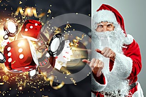 Casino concept, Santa Claus on the background of reboot casino, luxury design. Baner for casino, poker, gambling, croupier, header