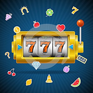 Casino Concept Slot Machine and Falling Color Icons. Vector