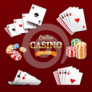 Casino design elements poker chips, playing cards and craps. Poker emblem