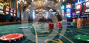 Casino Dice Table With Red Dice and Chips