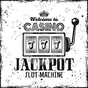 Casino emblem with slot machine and text jackpot