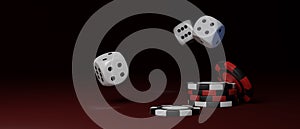 Casino flying dice 3D background, gambling chips stack blackjack banner, online game red poster.