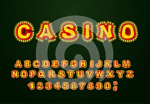 Casino font. Glowing lamp letters. Retro Alphabet with lamps. Vi