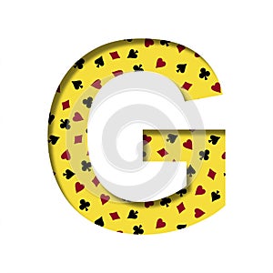 Casino font. The letter G cut out of paper on the yellow background of the pattern of card suits spades hearts diamonds and clubs