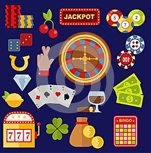 Casino gambler game vector icons poker symbols and casino blackjack cards gambler money winning icons with roulette