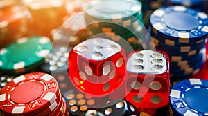 Casino Gambling Chips and Dice on a Grey Background