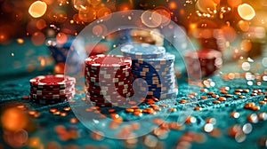 Casino gambling chips on green table with bokeh background