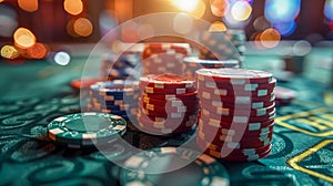 Casino gambling chips on green table with bokeh background