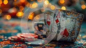 Casino gambling chips on green table with bokeh background