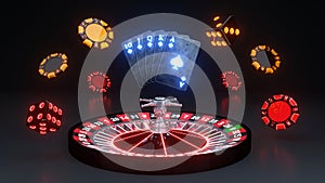 Casino Gambling Concept, Five Poker Cards, Roulette Wheel and Poker Chips - 3D Illustration