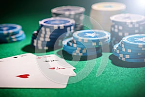 Casino, gambling concept. Four aces and poker chips on green felt