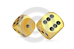 Casino Gambling Concept. Gold Game Dice Cubes in Flight. 3d Rendering