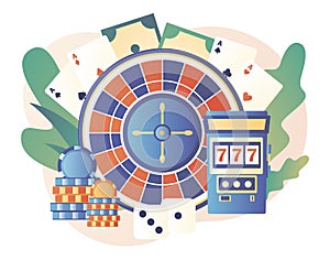 Casino and Gambling Concept. Poker, Roulette, Slot Machine. Modern flat cartoon style. Vector illustration