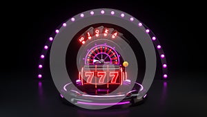 Casino Gambling Concept, Royal Flash Poker Cards With Neon Lights - 3D Illustration