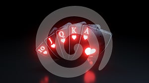 Casino Gambling Concept Royal Flush in Hearts Poker Cards On The Black Background - 3D Illustration
