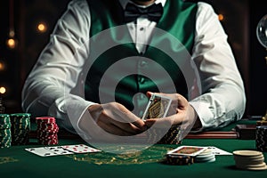 casino, gambling, entertainment and people concept - close up of young man playing poker at green casino table, close up of poker