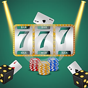Casino gambling game with slot machine, chips and dice