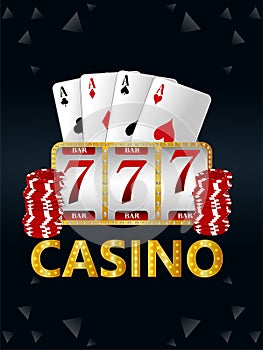 Casino gambling game with vector illustration of slot machine and palying cards