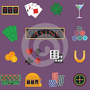 Casino and gambling icons set with slot machine and roulette, chips, poker cards, money, dice, coins, horseshoe flat design vector