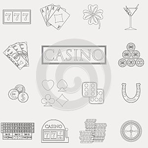 Casino and gambling line icons set with slot machine and roulette, chips, poker cards, money, dice, coins, horseshoe flat design