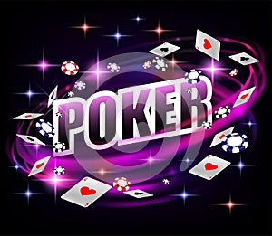 Casino Gambling Poker background design. Poker banner with chips and playing cards. Online shiny Casino Banner dark