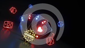 Casino Gambling Poker Cards and Dices Concept With Glowing Neon Lights Isolated On The Black Background - 3D Illustration