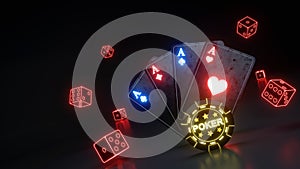 Casino Gambling Poker Cards and Dices Concept With Glowing Neon Red Lights Isolated On The Black Background - 3D Illustration