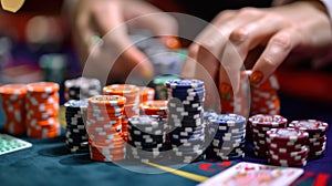 casino, gambling, poker, people and entertainment concept - close up of poker player with chips