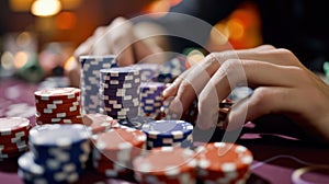 casino, gambling, poker, people and entertainment concept - close up of poker player with chips