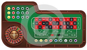 Casino gambling roulette table and chips