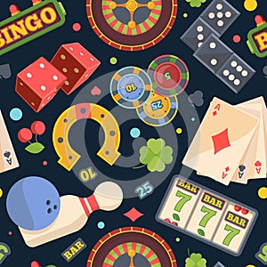 Casino gambling seamless pattern. Yellow horseshoe of luck three sevens bingo bowling red square dice roulette with bets