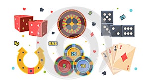 Casino gambling set. Red square dice roulette with bets dominoes yellow horseshoe of luck poker chips four aces winning