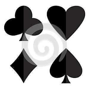 Casino gambling theme. Set of playing card suits. Poker card suits - heart, club, spade and diamonds. Vector illustration