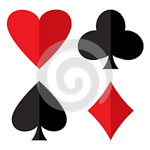 Casino gambling theme. Set of playing card suits. Poker card suits - heart, club, spade and diamonds. Vector illustration